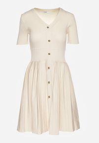 Renee - Jasnobeżowa Wiskozowa Sukienka Rozkloszowana Zdobiona Guzikami i Plisami Alulassa. Okazja: na spacer, na co dzień. Kolor: beżowy. Materiał: wiskoza. Wzór: aplikacja. Sezon: wiosna. Typ sukienki: rozkloszowane. Styl: casual, elegancki #4