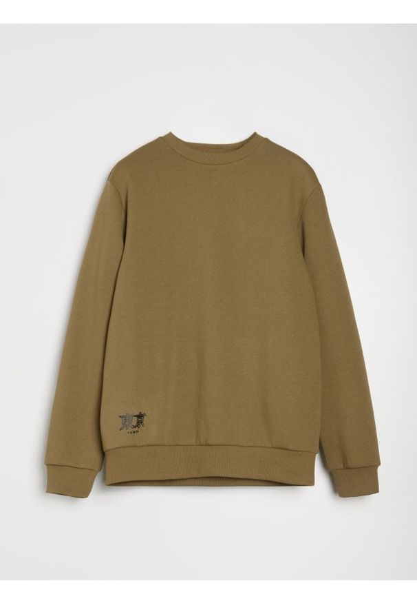 Sinsay - Bluza crewneck z napisem - khaki. Kolor: brązowy. Wzór: napisy