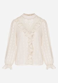 Born2be - Beżowa Bluzka Zdobiona Koronką Falbankami i Metaliczną Nicią Feralea. Okazja: na co dzień, na spotkanie biznesowe, do pracy. Typ kołnierza: kołnierz z falbankami. Kolor: beżowy. Materiał: koronka. Wzór: aplikacja, koronka. Styl: casual, biznesowy, elegancki #7