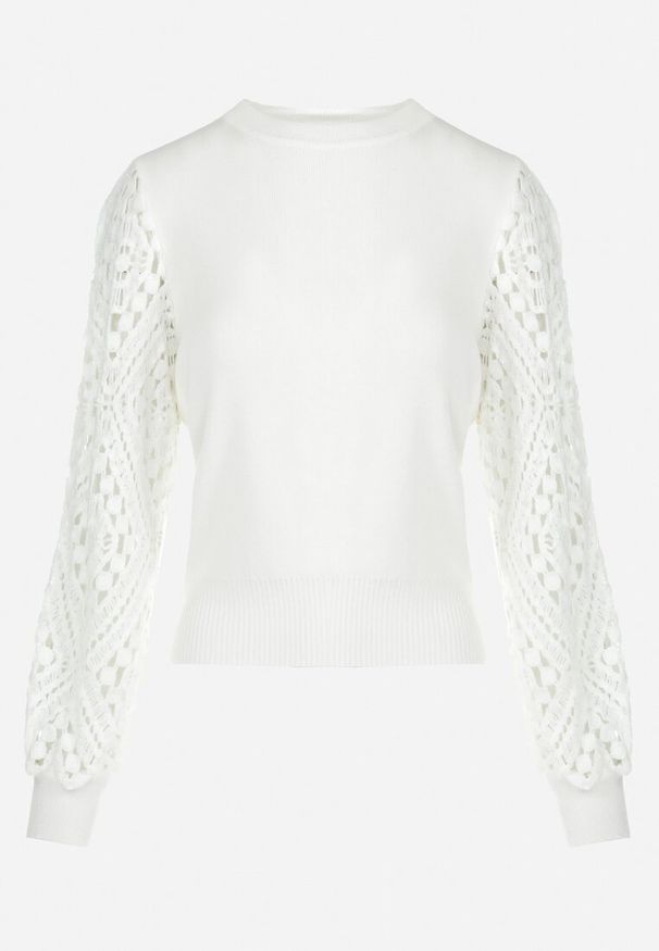 Born2be - Biały Sweter Szydełkowy Karolina. Kolor: biały. Materiał: dzianina, prążkowany. Wzór: ażurowy. Styl: elegancki
