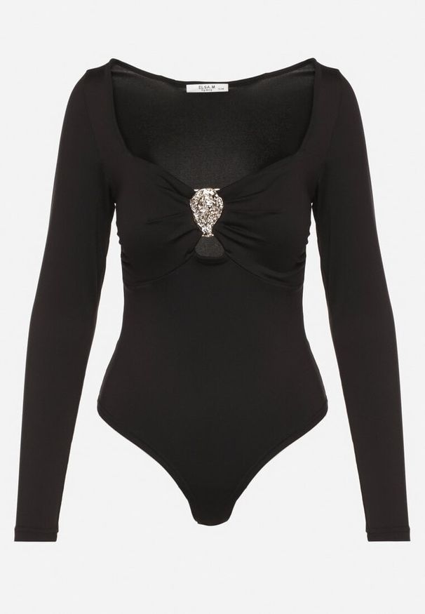 Born2be - Czarne Body Ozdobione Metaliczną Aplikacją Furriva. Okazja: na imprezę, na co dzień. Kolor: czarny. Wzór: aplikacja. Styl: casual, klasyczny, elegancki, glamour