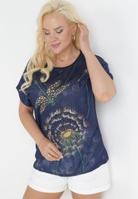 Born2be - Granatowy T-shirt z Nadrukiem z Cyrkonii Anatisa. Kolor: niebieski. Materiał: bawełna, tkanina. Długość rękawa: krótki rękaw. Długość: krótkie. Wzór: nadruk #5