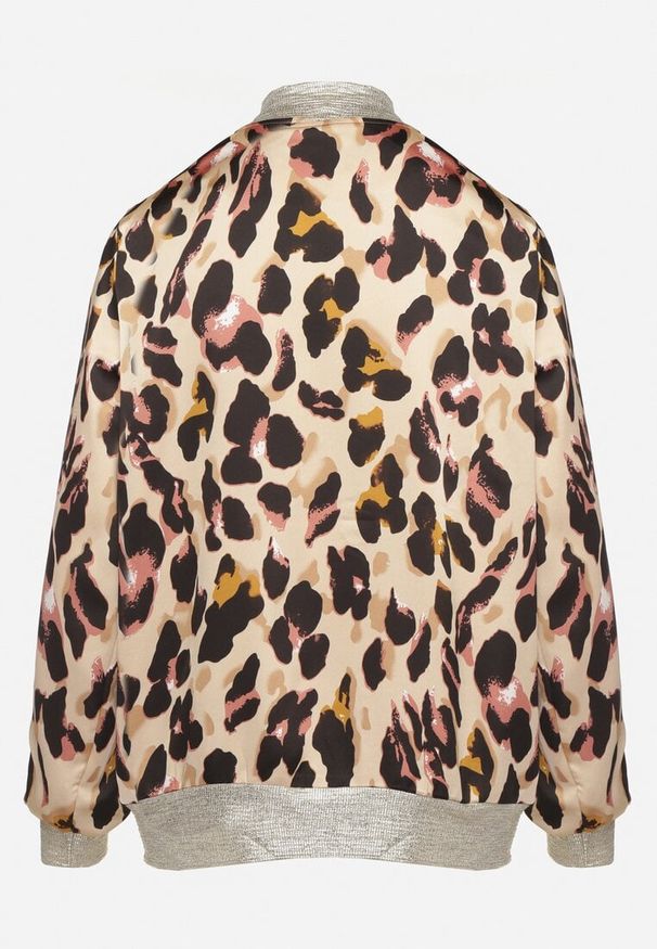 Born2be - Beżowo-Różowa Kurtka Bomberka w Panterkę ze Ściągaczami Irira. Okazja: na co dzień, na spacer. Kolor: beżowy. Materiał: jeans. Długość rękawa: długi rękaw. Długość: długie. Wzór: motyw zwierzęcy. Styl: casual, elegancki