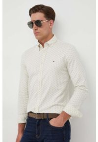 TOMMY HILFIGER - Tommy Hilfiger koszula męska kolor beżowy slim z kołnierzykiem button-down. Typ kołnierza: button down. Kolor: beżowy. Materiał: bawełna