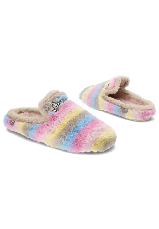 Macarena - Kolorowe Damskie Kapcie Z Futerkiem. Okazja: na co dzień, do domu. Zapięcie: sprzączka. Materiał: futro. Wzór: kolorowy. Styl: klasyczny, casual