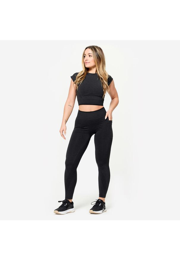 DOMYOS - Legginsy do treningu siłowego damskie Domyos seamless. Kolor: czarny, szary, wielokolorowy. Materiał: materiał, poliamid, poliester, elastan. Sport: fitness