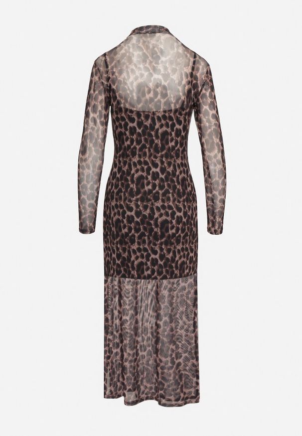 Born2be - Brązowa Dopasowana Siateczkowa Sukienka z Wiskozą w Panterkę Nalvessa. Okazja: na co dzień. Kolor: brązowy. Materiał: wiskoza. Długość rękawa: na ramiączkach. Wzór: motyw zwierzęcy. Typ sukienki: proste. Styl: wizytowy, casual