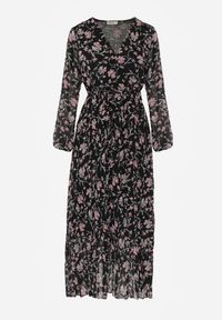 Renee - Czarna Sukienka z Kopertowym Dekoltem i Plisowanym Dołem Narelline. Typ kołnierza: dekolt kopertowy. Kolor: czarny. Wzór: aplikacja, kwiaty. Typ sukienki: kopertowe #6