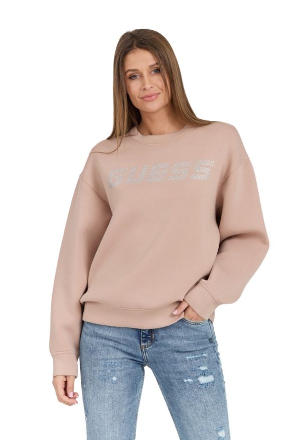 Guess - GUESS Beżowa bluza z cyrkoniami Cecilia. Kolor: czarny. Materiał: materiał, poliamid, wiskoza, elastan. Długość rękawa: długi rękaw. Długość: długie. Styl: elegancki