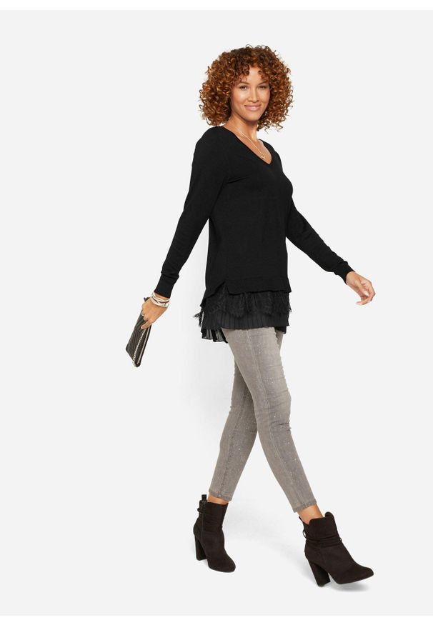 bonprix - Cienki sweter z lejącej mieszanki wiskozy. Kolor: czarny. Materiał: koronka, wiskoza. Wzór: koronka