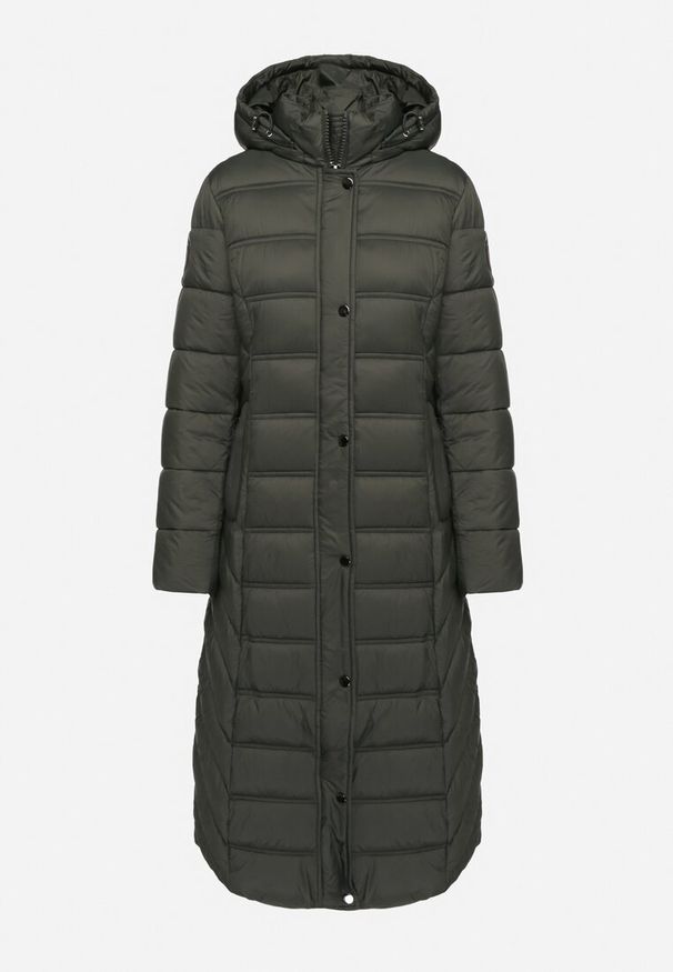 Born2be - Ciemnozielona Kurtka Pikowana o Długim Fasonie z Odpinanym Kapturem Reanora. Okazja: na co dzień, na spacer, do pracy. Kolor: zielony. Materiał: jeans, dzianina. Długość rękawa: długi rękaw. Długość: długie. Styl: casual