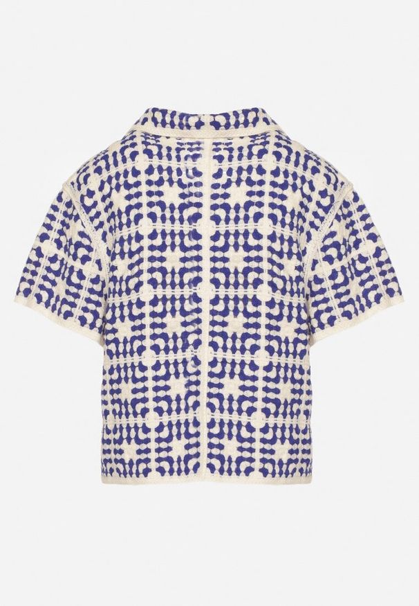 Born2be - Niebieska Bawełniana Koszula z Geometrycznym Motywem Melicene. Okazja: na co dzień. Kolor: niebieski. Materiał: bawełna. Długość rękawa: krótki rękaw. Długość: krótkie. Wzór: geometria. Styl: casual, elegancki, sportowy, klasyczny