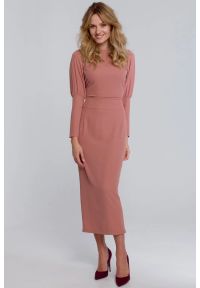 Sukienki.shop - Elegancka sukienka z odkrytymi plecami i rozcięciem pudrowa. Okazja: na imprezę. Typ sukienki: ołówkowe. Styl: elegancki #4