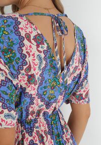 Born2be - Niebieska Sukienka Midi z Wiskozy z Gumką w Talii z Szerokimi Rękawami Damatia. Kolor: niebieski. Materiał: wiskoza. Długość rękawa: krótki rękaw. Długość: midi #4