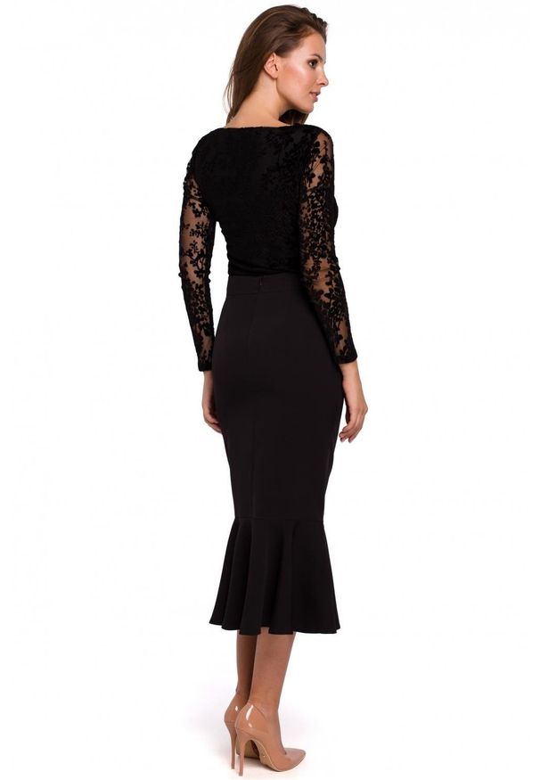 Makover - Elegancka ołówkowa spódnica midi zakończona falbaną. Materiał: elastan. Styl: elegancki