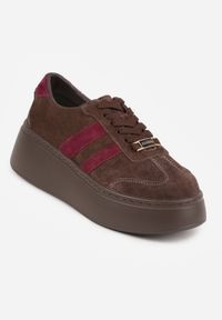 Renee - Brązowe Sneakersy z Zamszu Naturalnego na Platformie Ozdobione Paskami Jiliana. Okazja: na co dzień. Zapięcie: pasek. Kolor: brązowy. Materiał: zamsz. Wzór: aplikacja. Obcas: na platformie #9