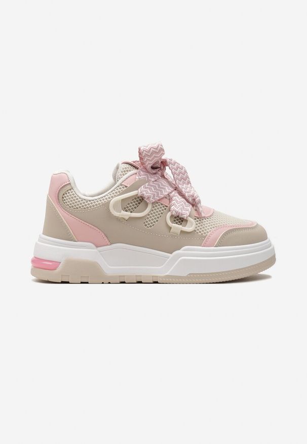 Renee - Beżowo-Różowe Sneakersy na Grubej Podeszwie z Ozdobnymi Sznurówkami Zeldema. Okazja: na co dzień. Zapięcie: sznurówki. Kolor: beżowy. Materiał: jeans