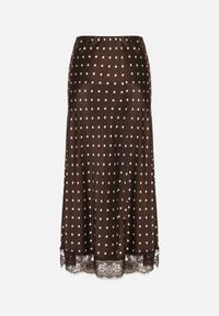 Born2be - Brązowa Wiskozowa Spódnica z Wysokim Stanem w Kropki z Koronką Monivesa. Okazja: na co dzień. Stan: podwyższony. Kolor: brązowy. Materiał: wiskoza, koronka. Wzór: kropki, koronka. Styl: casual, elegancki #3