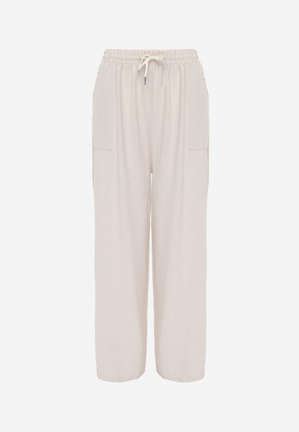 Renee - Beżowe Spodnie High Waist ze Sznurkiem w Talii i Prostą Nogawką Raveann. Okazja: na co dzień, na spacer. Stan: podwyższony. Kolor: beżowy. Wzór: aplikacja. Styl: casual