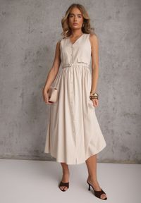 Renee - Beżowa Rozkloszowana Sukienka z Bawełną i Wiskozą Ozdobiona Paskiem Amalis. Kolor: beżowy. Materiał: wiskoza, bawełna. Wzór: aplikacja. Typ sukienki: rozkloszowane. Styl: elegancki #5