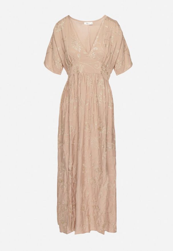 Born2be - Beżowa Wiskozowa Sukienka z Metaliczną Nicią i Haftem Nelvesia. Okazja: na co dzień. Kolor: beżowy. Materiał: wiskoza. Wzór: haft. Sezon: wiosna. Styl: casual, elegancki, klasyczny