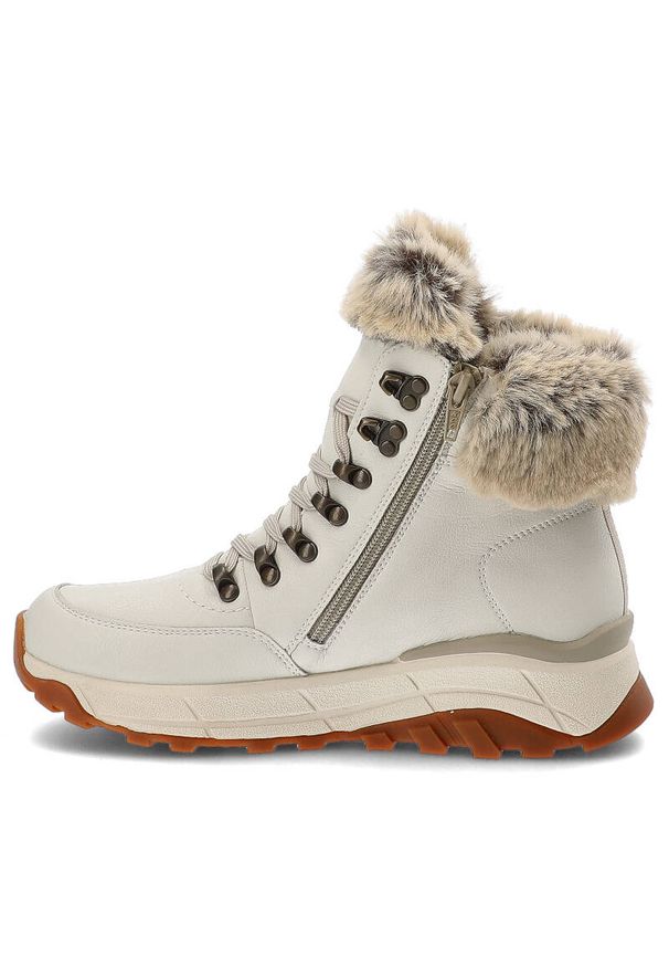 Białe Botki Rieker Ocieplane Obuwie Damskie. Kolor: biały. Materiał: futro, skóra, syntetyk. Wzór: aplikacja. Sezon: zima