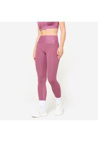 DOMYOS - Legginsy fitness damskie Domyos. Stan: podwyższony. Kolor: fioletowy. Materiał: materiał, skóra. Sport: fitness