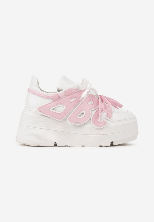 Born2be - Biało-Różowe Płaskie Sneakersy Vices z Podwójnym Sznurowaniem ze Zdobieniem 3D Nelarissa. Okazja: na co dzień. Zapięcie: sznurówki. Kolor: biały. Materiał: jeans, bawełna. Wzór: aplikacja. Obcas: na obcasie. Wysokość obcasa: niski