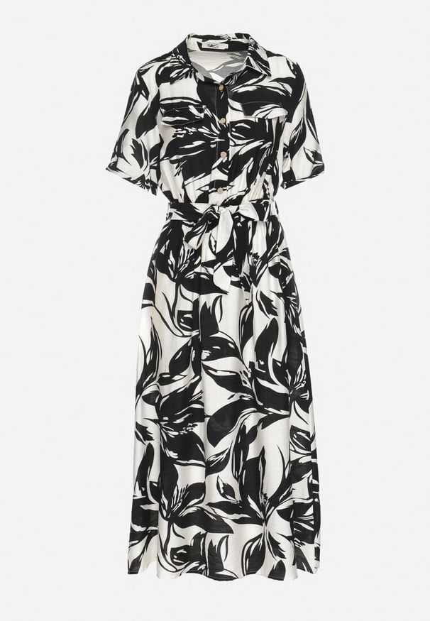 Born2be - Czarna Wiskozowa Sukienka o Koszulowym Kroju z Wiązanym Paskiem Uloanna. Okazja: na co dzień. Kolor: czarny. Materiał: wiskoza. Długość rękawa: krótki rękaw. Wzór: aplikacja. Typ sukienki: koszulowe. Styl: elegancki, casual, klasyczny