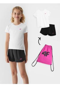 4f - Komplet sportowy szybkoschnący na WF (koszulka+spodenki+worek) dziewczęcy. Kolor: czarny. Materiał: dzianina. Wzór: nadruk. Styl: sportowy