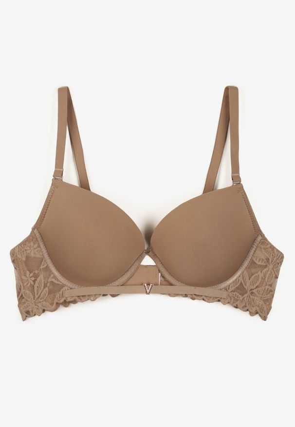 Renee - Ciemnobeżowy Biustonosz Push-Up z Koronką i Wycięciem z Przodu Sariaris. Kolor: beżowy. Materiał: koronka. Rodzaj stanika: push-up. Wzór: koronka