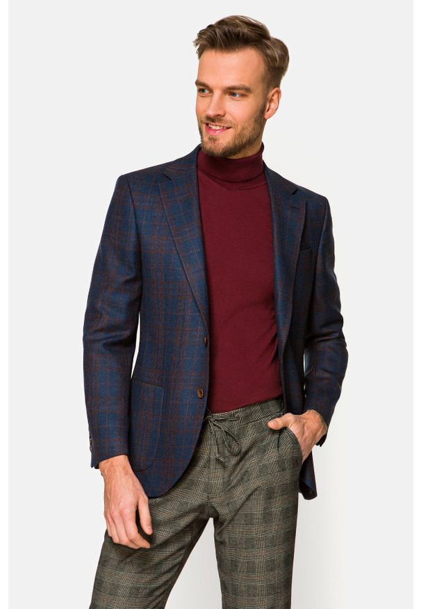 Lancerto - Marynarka Granatowa Maringa. Typ kołnierza: golf. Kolor: niebieski. Materiał: tkanina, wiskoza, jeans, wełna