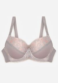 Born2be - Szaro-Różowy Biustonosz Ozdobiony Cyrkoniami i Koronką Corraella. Kolor: szary. Materiał: koronka. Wzór: koronka, aplikacja #4