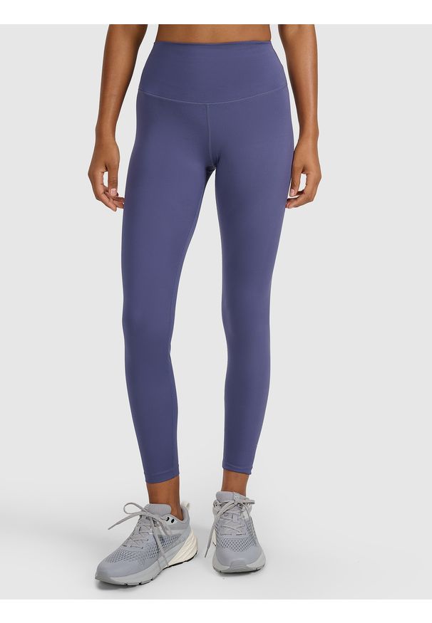 4f - 4F Legginsy treningowe szybkoschnące damskie - granatowe XL. Stan: podwyższony. Kolor: niebieski. Materiał: włókno, elastan, dzianina, materiał, syntetyk. Wzór: gładki, ze splotem. Sport: fitness