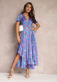 Renee - Niebieska Sukienka Maxi z Gumką w Talii i Asymetrycznym Dołem Amparo. Kolor: niebieski. Typ sukienki: asymetryczne. Długość: maxi #5
