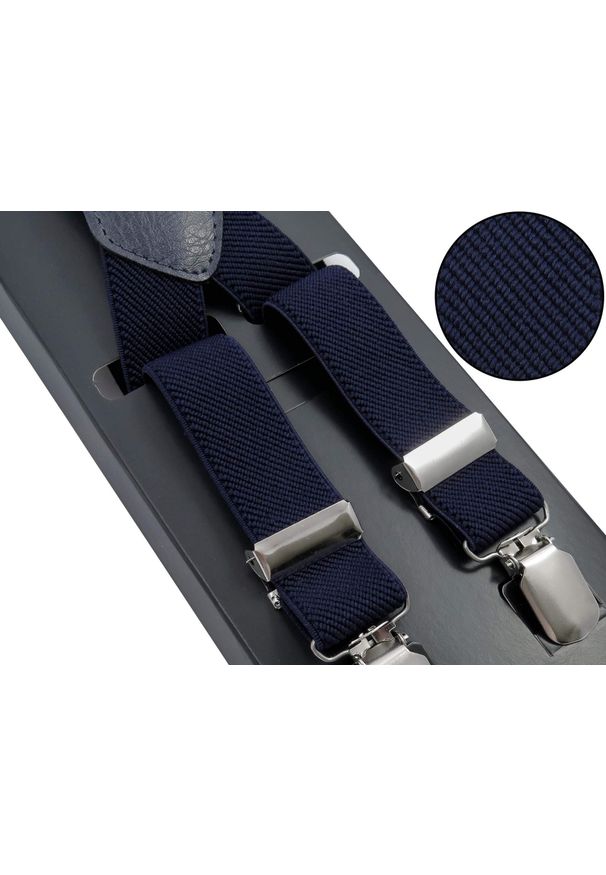 Modini - Granatowe szelki Unisex - 2,5cm X3. Kolor: niebieski. Materiał: skóra, guma