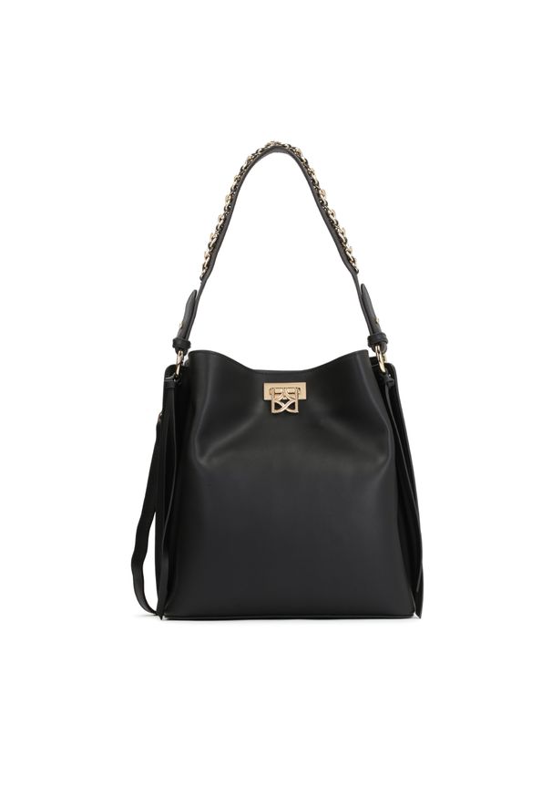 Kazar - Czarna torebka z eleganckim zapięciem i łańcuchem na pasku. Kolor: czarny. Wzór: gładki, aplikacja. Materiał: skórzane. Styl: elegancki