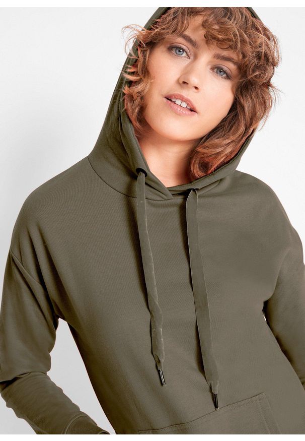 bonprix - Sukienka dresowa z bawełny organicznej. Typ kołnierza: kaptur. Kolor: zielony. Materiał: dresówka, bawełna