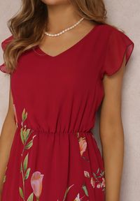 Renee - Bordowa Sukienka Keepey. Kolor: czerwony. Długość rękawa: krótki rękaw. Wzór: nadruk, kwiaty. Sezon: lato. Długość: midi #3