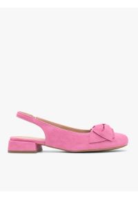 Ryłko - Różowe czółenka slingback bez pięty z kokardką. Kolor: różowy. Materiał: welur, skóra. Obcas: na obcasie. Styl: elegancki, street. Wysokość obcasa: średni #1