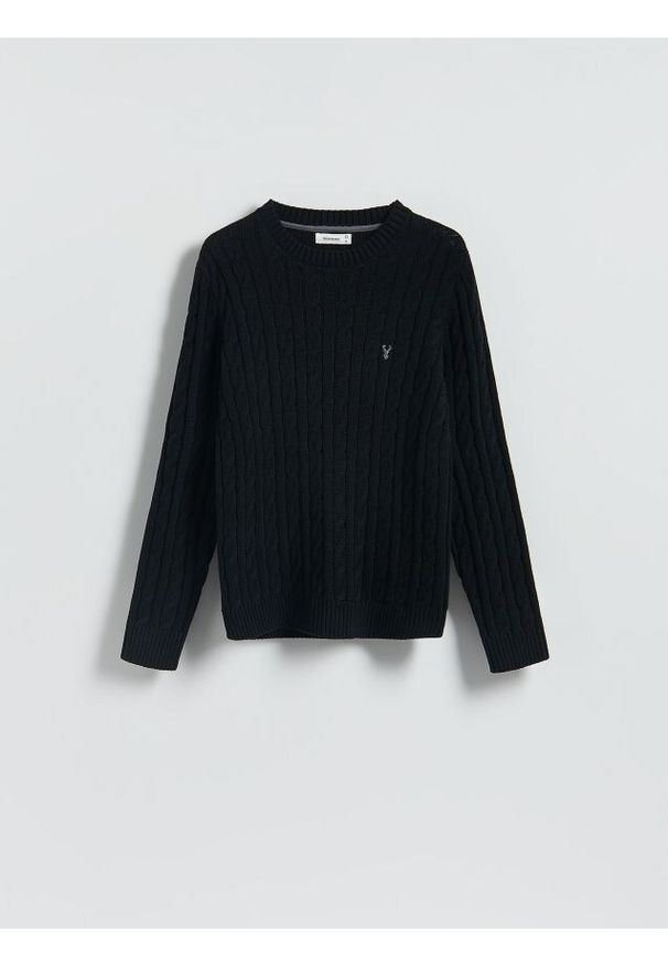 Reserved - Sweter z warkoczowym splotem - czarny. Kolor: czarny. Materiał: dzianina, bawełna. Wzór: ze splotem