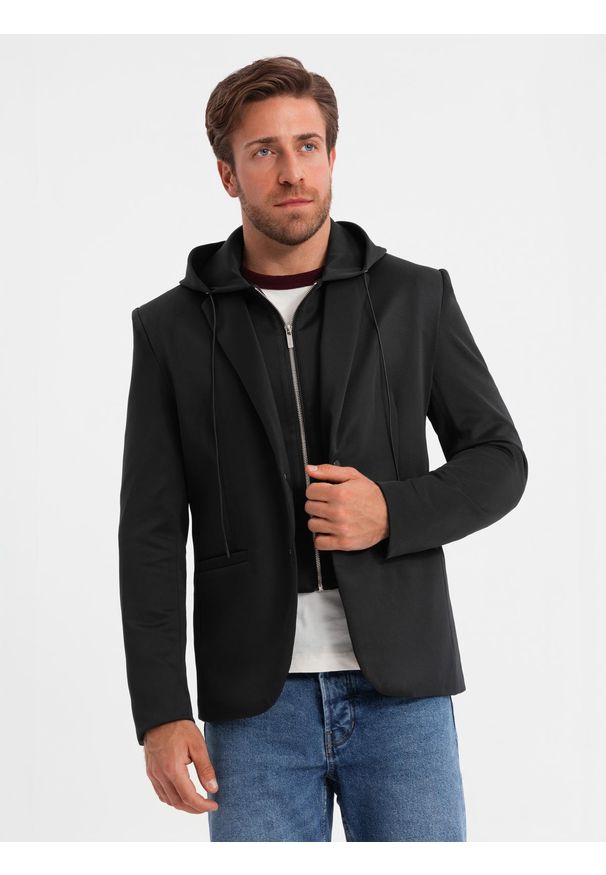 Ombre Clothing - Męska marynarka z odpinaną podpinką i kapturem – czarna V1 - Rozmiar: XL. Okazja: do pracy, na co dzień. Typ kołnierza: kaptur. Kolor: szary. Materiał: poliester. Styl: wizytowy, casual, elegancki