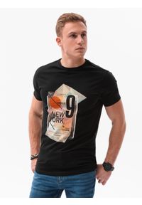 Ombre Clothing - T-shirt męski z nadrukiem S1434 V-16B - czarny - XXL. Kolor: czarny. Materiał: bawełna. Wzór: nadruk. Styl: klasyczny
