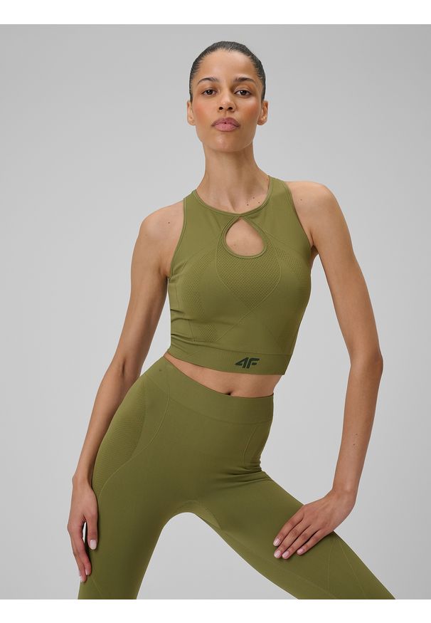 4f - 4F Top do jogi slim szybkoschnący damski - oliwkowy M/L. Kolor: oliwkowy, brązowy, wielokolorowy. Materiał: włókno. Sport: joga i pilates