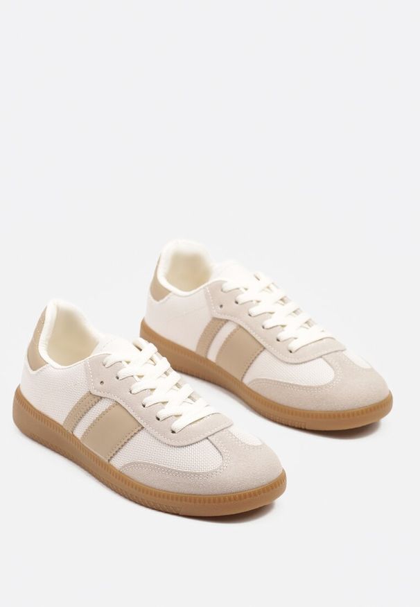 Renee - Beżowe Sneakersy na Kauczukowej Podeszwie Ozdobione Paskami Emidi. Okazja: na co dzień. Zapięcie: pasek. Kolor: beżowy. Materiał: kauczuk. Wzór: aplikacja. Obcas: na obcasie. Wysokość obcasa: niski