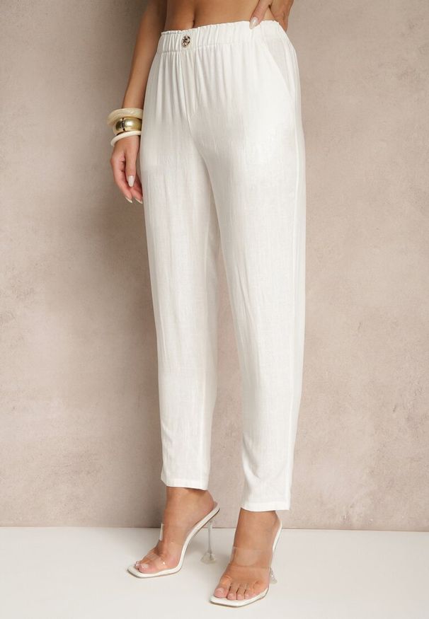 Renee - Białe Casualowe Spodnie z Lnem z Gumką w Pasie Filanisse. Okazja: na co dzień. Kolor: biały. Materiał: len. Styl: casual