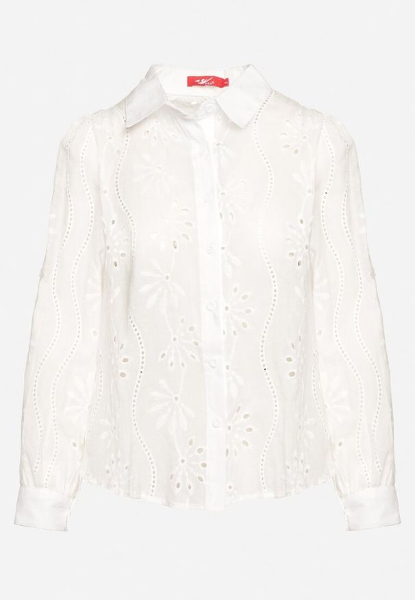 Born2be - Biała Klasyczna Koszula z Haftowanej Tkaniny Zapinana na Guziki i Regulowanym Rękawem Cavonella. Okazja: na co dzień, na spotkanie biznesowe. Kolor: biały. Materiał: tkanina. Wzór: haft. Styl: klasyczny