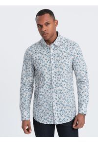 Ombre Clothing - Koszula męska SLIM FIT w print gałązek - niebiesko-szara V2 - Rozmiar: XL. Okazja: na co dzień. Kolor: szary. Materiał: tkanina, skóra, bawełna. Wzór: nadruk. Styl: casual #9
