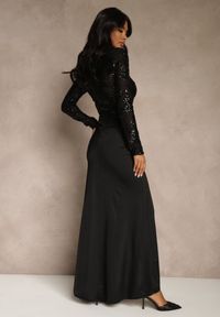 Renee - Czarna Koktajlowa Sukienka z Półgolfem Zdobiona Cekinami i Trenem Nautitune. Kolor: czarny. Wzór: aplikacja. Typ sukienki: oversize. Styl: wizytowy #4