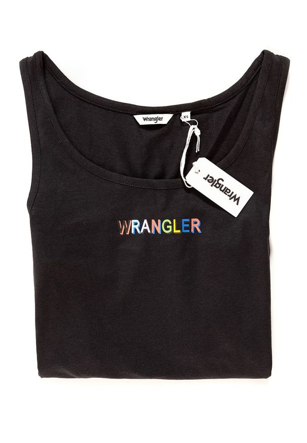 Wrangler - WRANGLER T SHIRT DAMSKI TANK BLACK W7387EV01 112131060. Okazja: na co dzień. Długość rękawa: na ramiączkach. Wzór: nadruk, kolorowy. Styl: casual